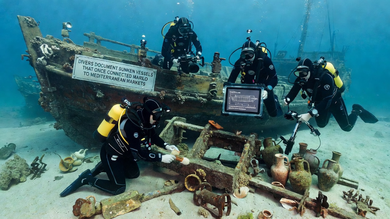Marine archaeologists using photogrammetry equipment on a documented wreck site