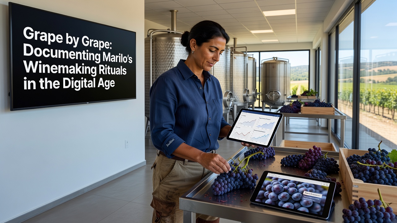 Digital tablet displaying fermentation data alongside traditional wooden barrels in Marilo's cellar