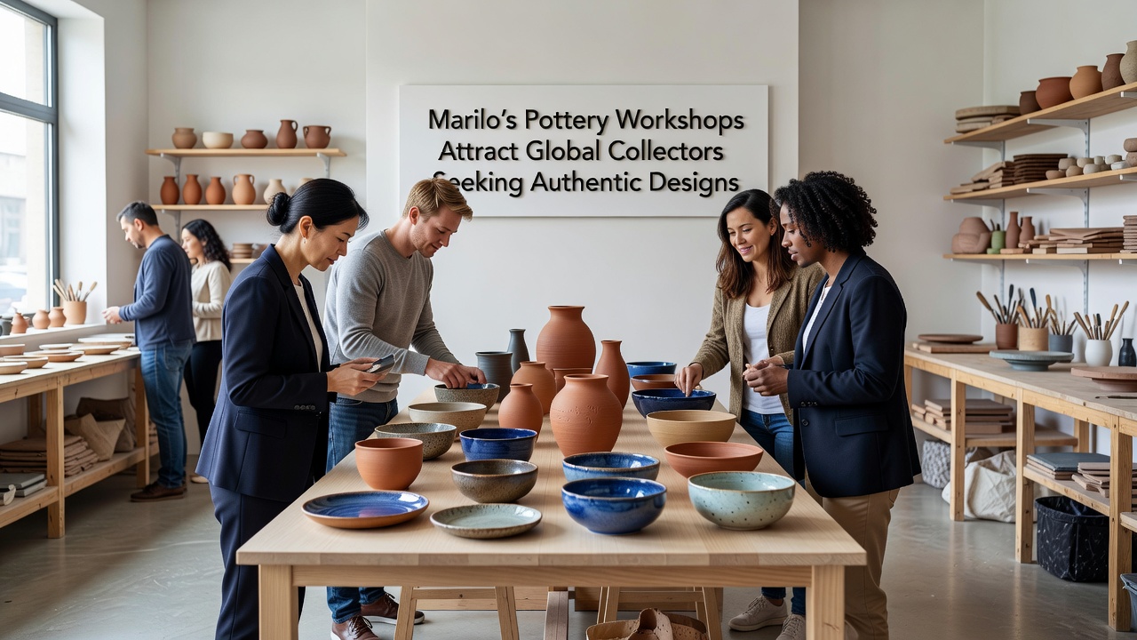 Finished authentic pottery pieces displayed for global collectors at Marilo's workshop with detailed views of glaze patterns and forms